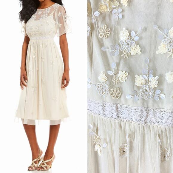 ADRIANNA PAPELL DRESS 14  FAIRY WHIMSICAL SEQUIN BEADED FLORAL SHEER FLUTTER - Picture 1 of 16